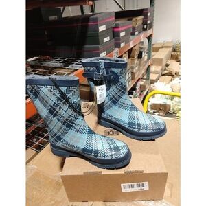 Western Chef Tweed Plaid Faux Fur Mid Rain Boot - Blue Plaid 7